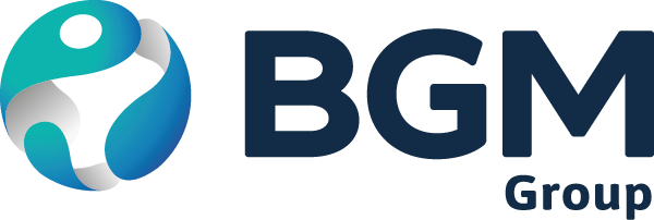 Logo der BGM Group: Eine stilisierte Menschenfigur in einem runden Symbol, das aus geschwungenen Elementen in Blau und Grün besteht, kombiniert mit dem Schriftzug ‚BGM Group‘ in dunkelblauer moderner Schrift.